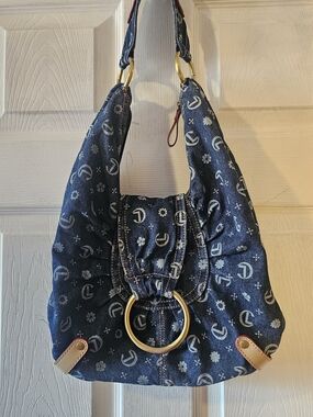 Denim Ring-Accent Hobo Bag in Dark Blue